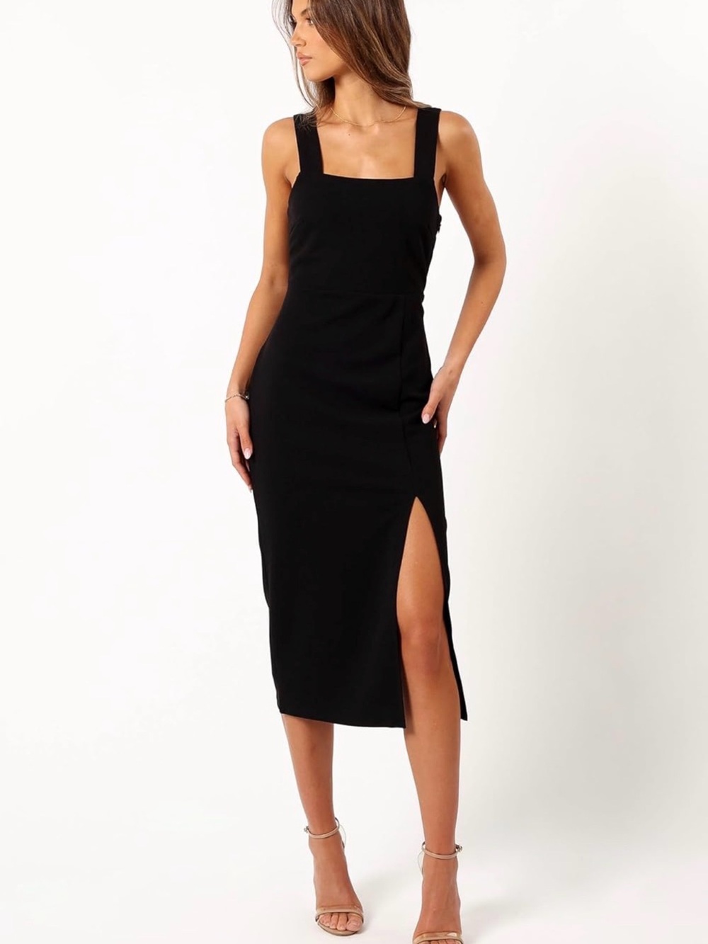 NWOT Petal & Pup Black Square-Neck Midi Dress with High Side Slit, Size 2